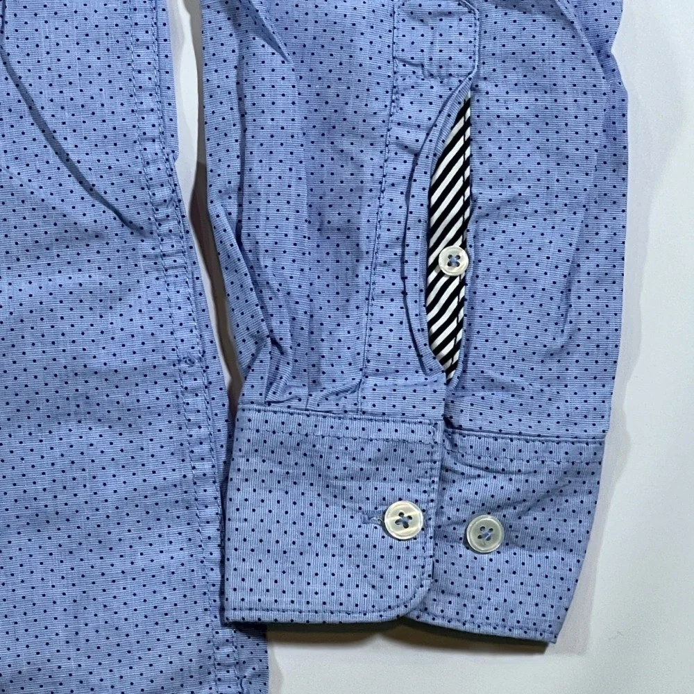 Denim & Flower Button Down Mens Medium Blue Polka‎ Dot Floral Cuff Dapper Shirt